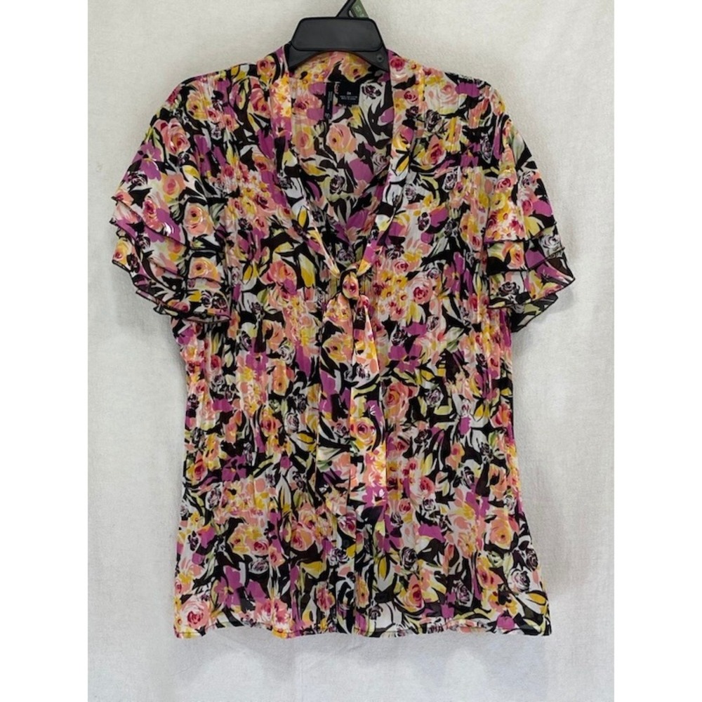New Directions Woman 2X Floral Tie Neck Ruffle‎ Sleeve Blouse Pink Yellow Black
